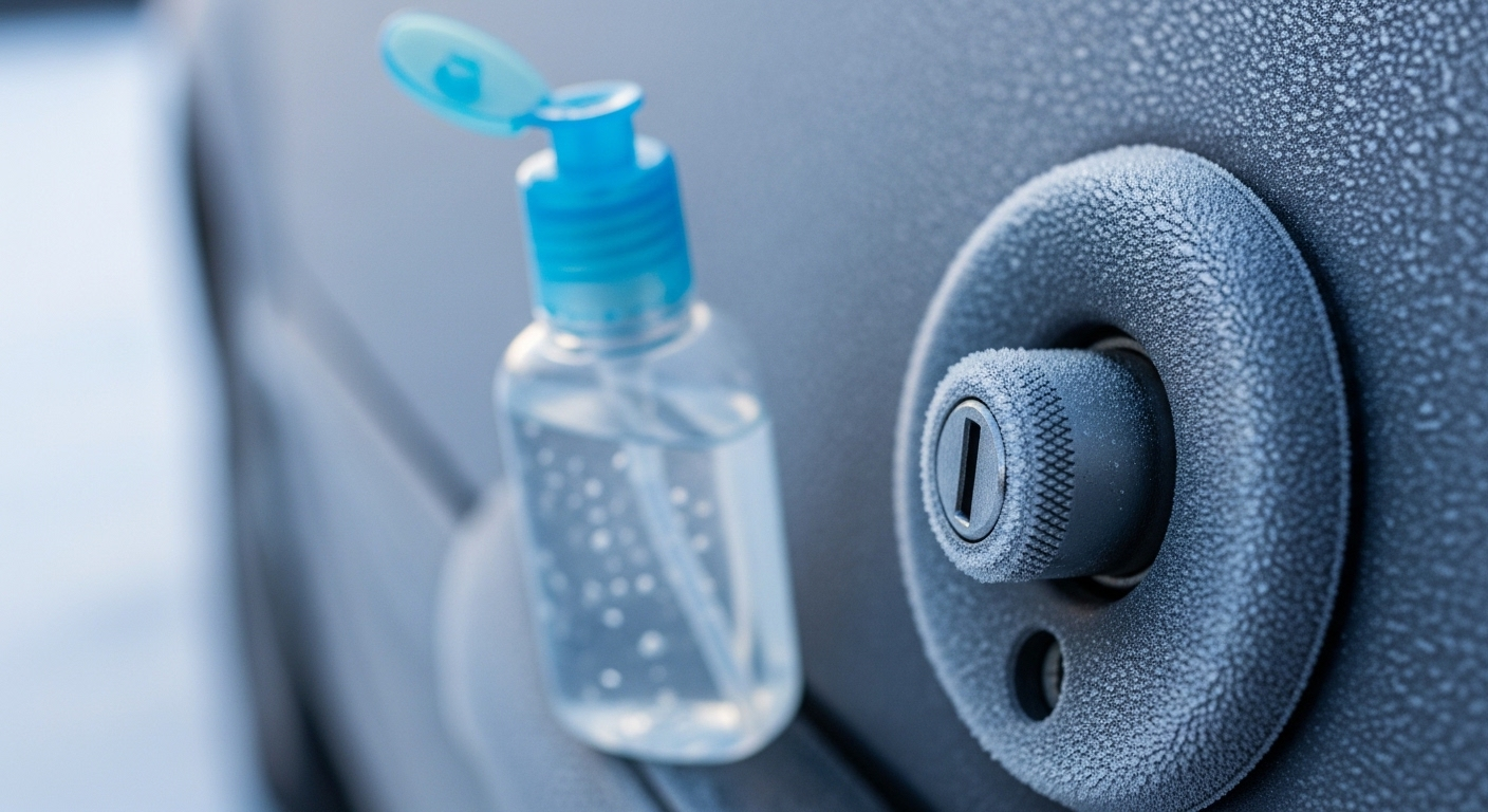 Ổ khóa cửa ô tô phủ sương giá, cạnh chai nước rửa tay khô – một mẹo vặt ô tô giúp rã đông khóa hiệu quả mùa đông.