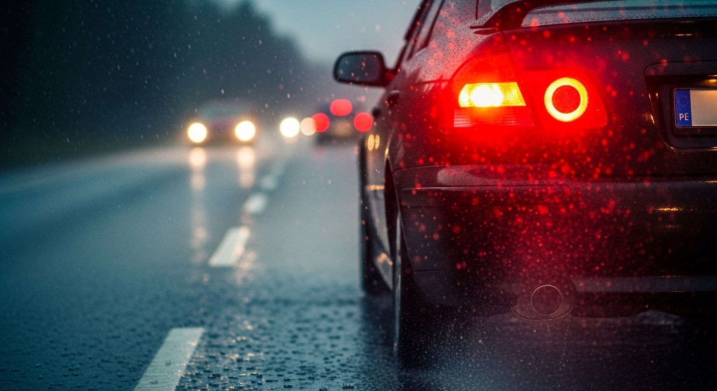 Đuôi xe ô tô với đèn phanh đỏ sáng rực trong mưa lớn, nước bắn tung tóe từ lốp xe. Đây là hình ảnh minh họa tầm quan trọng của kinh nghiệm lái xe trời mưa an toàn.