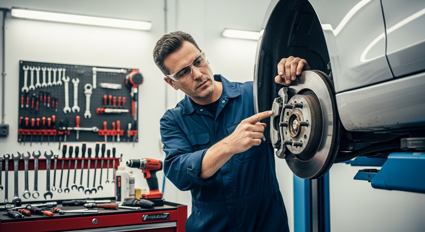 Kỹ thuật viên chuyên nghiệp tại xưởng đang tỉ mỉ kiểm tra hệ thống phanh đĩa ô tô, tay chỉ vào má phanh và đĩa phanh, thực hiện kiểm tra an toàn về kỹ thuật phanh xe định kỳ.