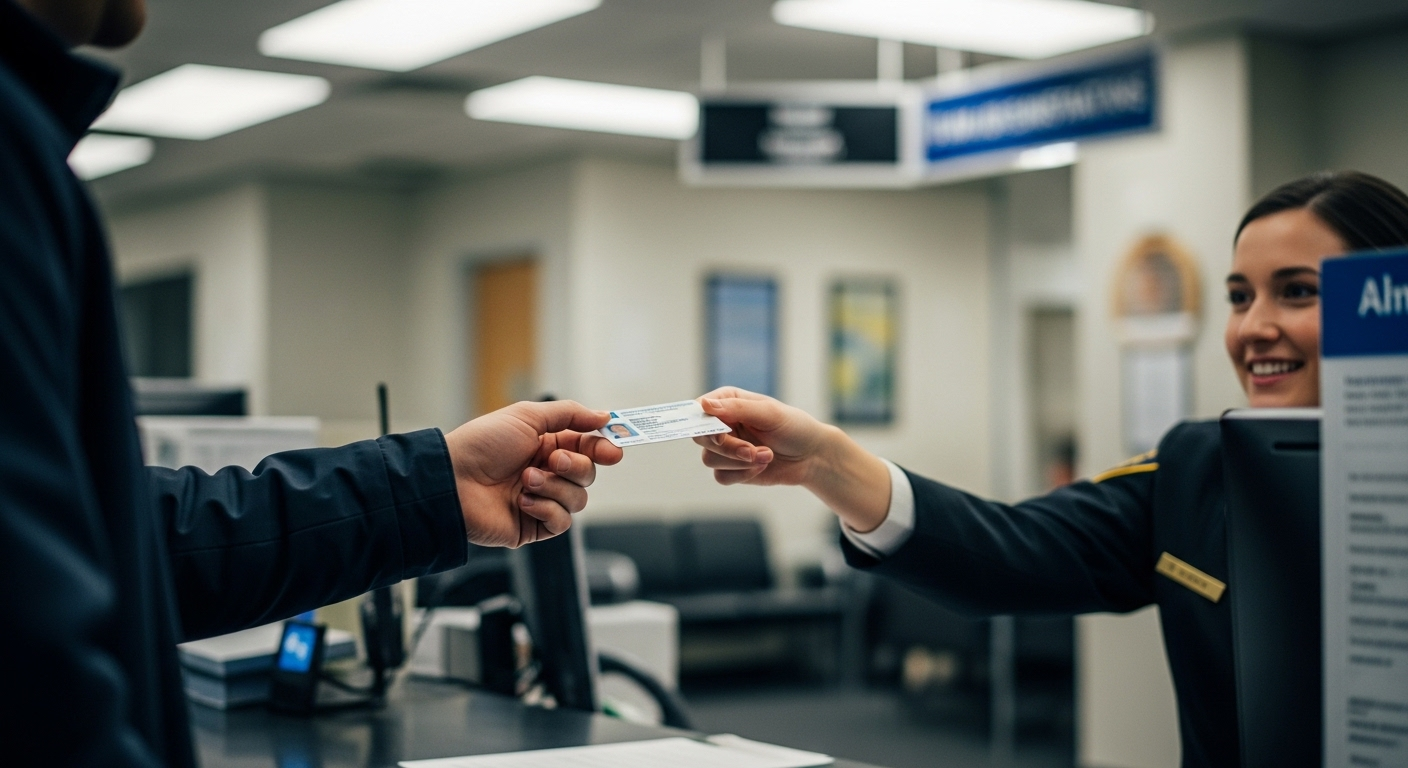 Ảnh một người nhận giấy phép lái xe mới cấp từ cán bộ tại quầy giao dịch, hoàn tất quy trình hành chính.