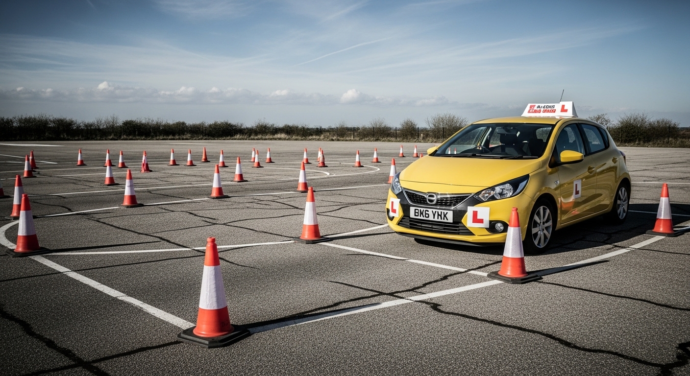 Xe ô tô màu vàng gắn biển 'L' đang tập lái trên sân thi sát hạch với cọc tiêu dưới trời xanh. Hình ảnh về quá trình học và thi bằng lái xe, giúp tìm hiểu rõ hơn bằng lái xe B1 B2 C lái được xe gì để lựa chọn phù hợp.
