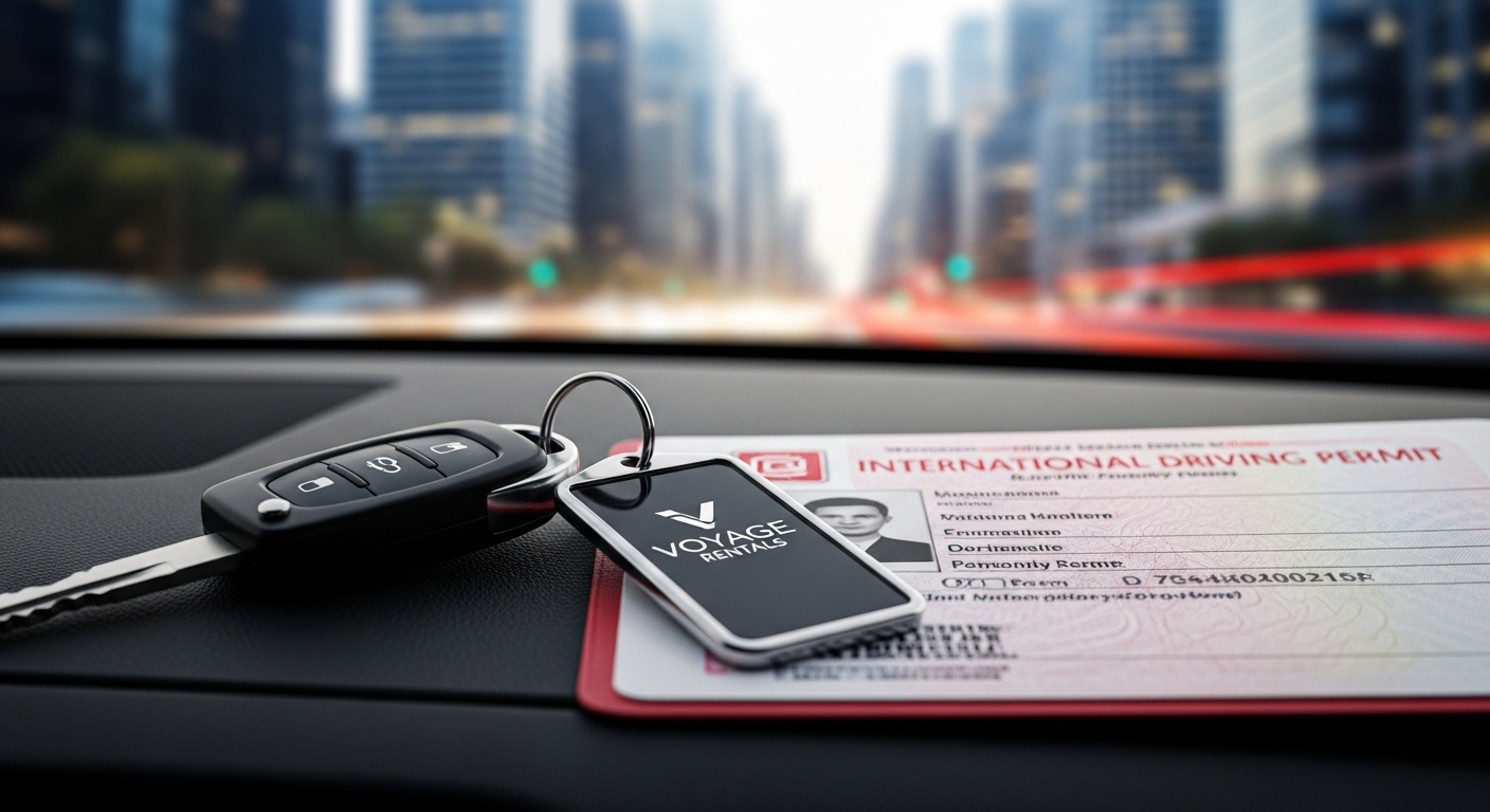 Chìa khóa thuê xe hiện đại và Giấy phép lái xe quốc tế (IDP) trên táp-lô, với thành phố mờ ảo qua kính chắn gió. Đây là vật dụng thiết yếu sau khi đổi bằng lái xe quốc tế IAA để di chuyển tiện lợi ở nước ngoài.