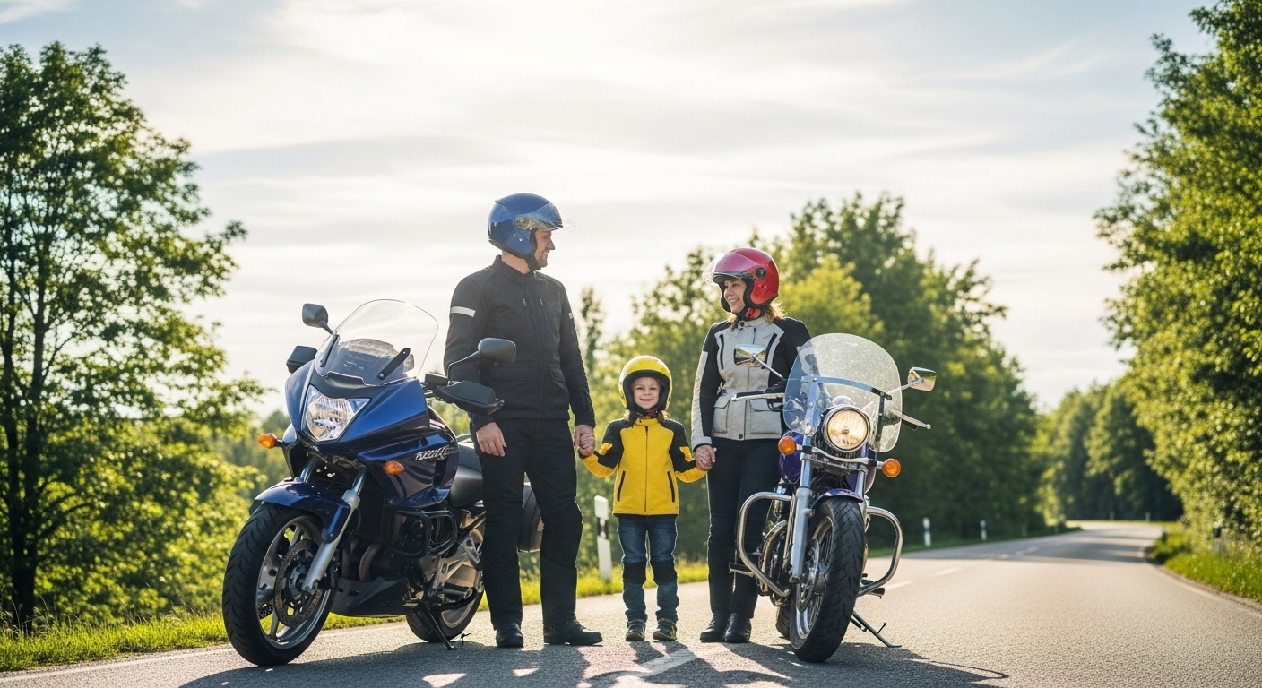 Gia đình ba người đội mũ bảo hiểm sáng màu đứng cạnh xe máy trên con đường cảnh quan xanh mát, sẵn sàng cho chuyến đi an toàn. Nắm vững mẹo thi lý thuyết bằng lái xe máy A1 là bước đầu để tham gia giao thông an toàn.